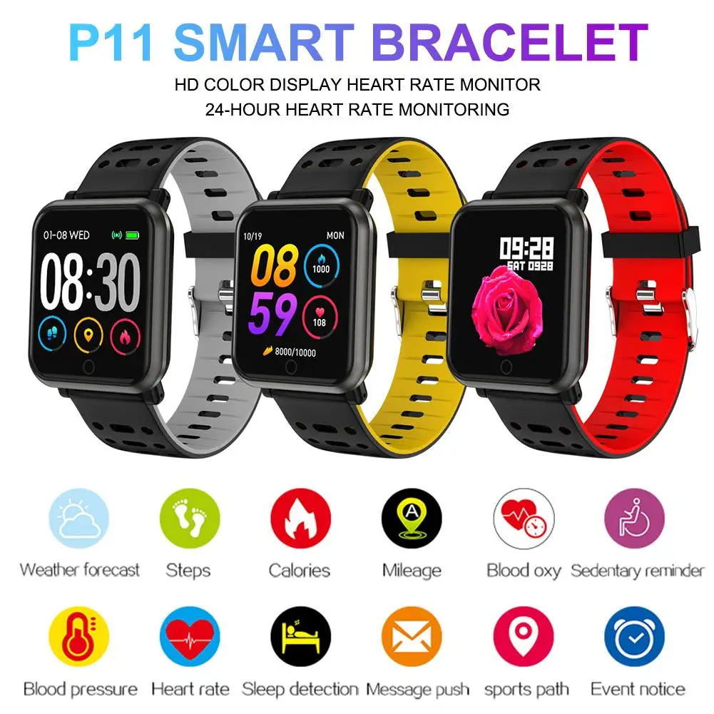 

P11 Color Screen Smart Bracelet Fitness Tracker Heart Rate Blood Pressure Monitor IP67 Waterproof Sports Wristband