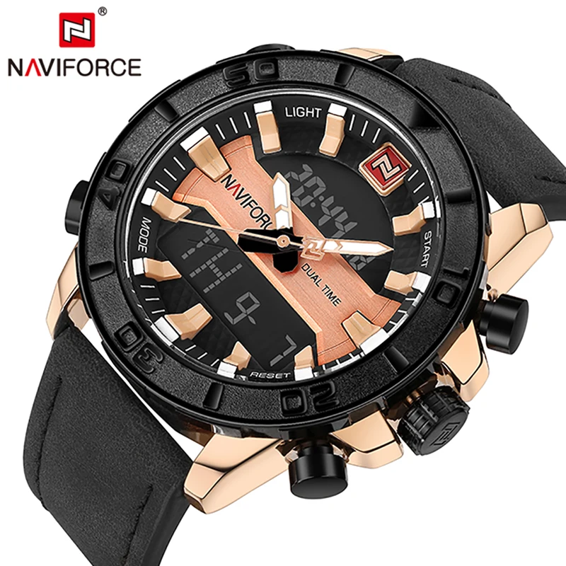 

NAVIFORCE Mens Watches Top brand Luxury Sport Dual Display Wrist watch Men Waterproof Leather Chronograph Men's Watch Male Clock