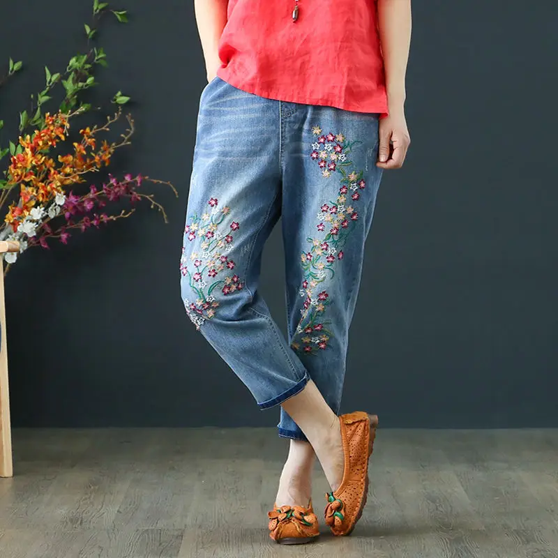 

4XL Plus Size High Waist Women Jeans Spring Summer Vintage Embroidery Jeans Woman Lace Up Casual Ladies Denim Jeans Femme C5372