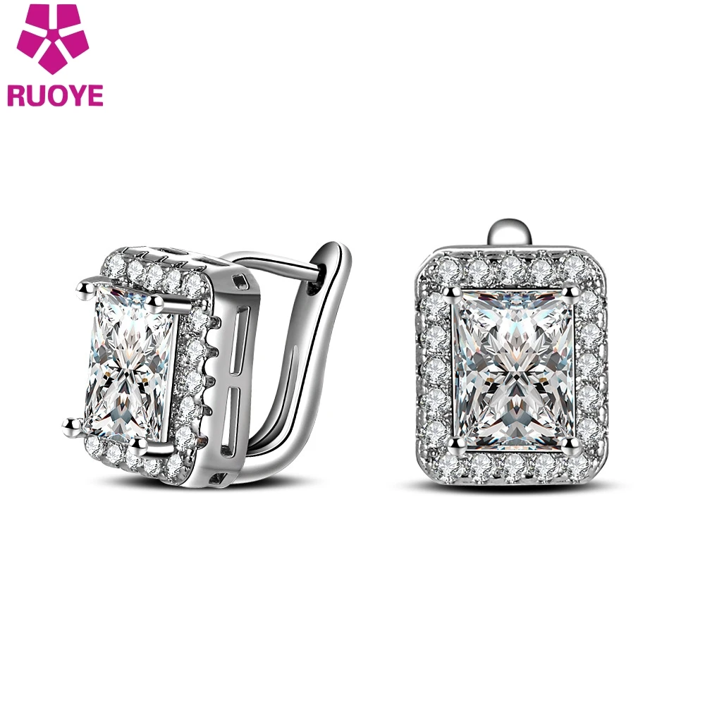 

RUOYE Fashion Women Stud Earring Luxury AAA Zircon Earring Square Design Silver Ear Jewelry Girl Gift