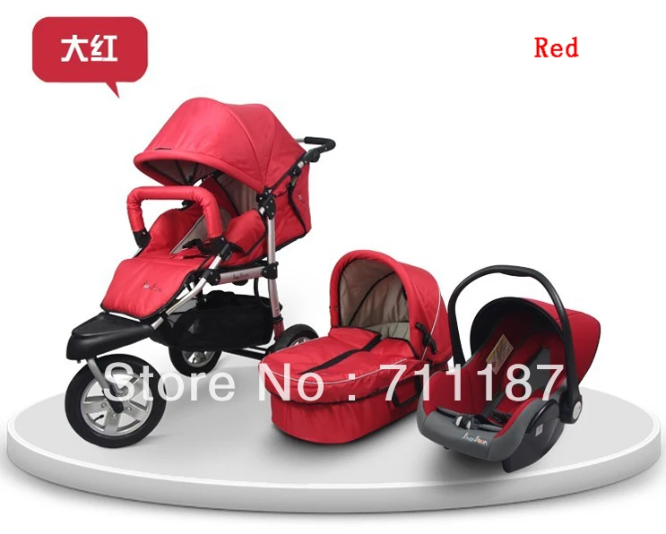 black and red stroller with car seat