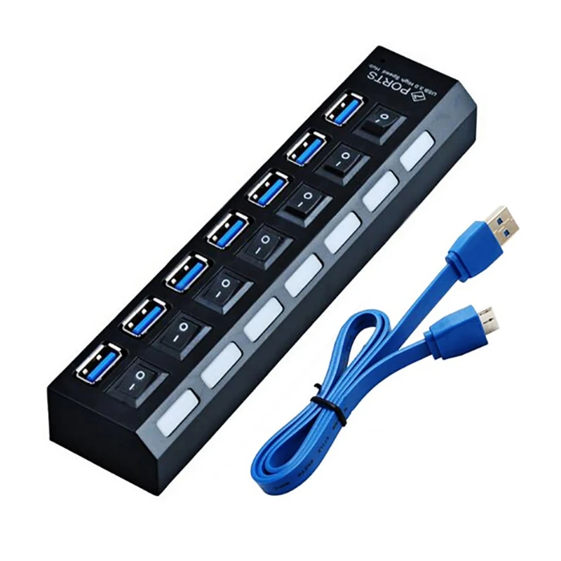 

Reebeen Multi USB 7 Port High Speed USB3.0 Hub 480Mbps Hub USB Independent Switch Portable USB Splitter Hab For PC Laptop