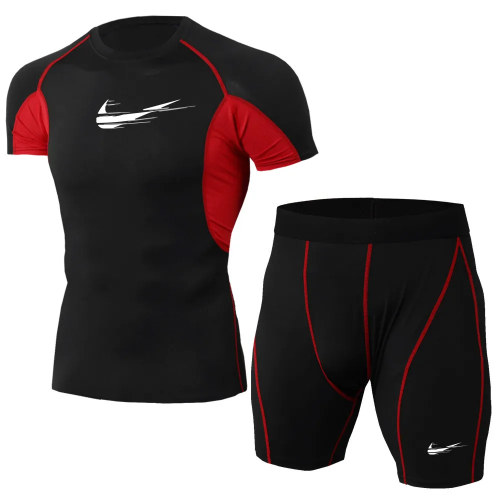 2019 New Men's Brand Sports Suit for Summer Pure color Compression Shirts + Leggings Base Layer sleeve T Shirt Clothing Set 2019 New Men's Brand Sports Suit for Summer Pure color Compression Shirts + Leggings Base Layer sleeve T Shirt Clothing Set