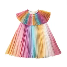 Летнее плиссированное платье для девочек; Новинка года; Детские радужные платья; модные элегантные платья для маленьких девочек; милая летняя одежда для маленьких девочек