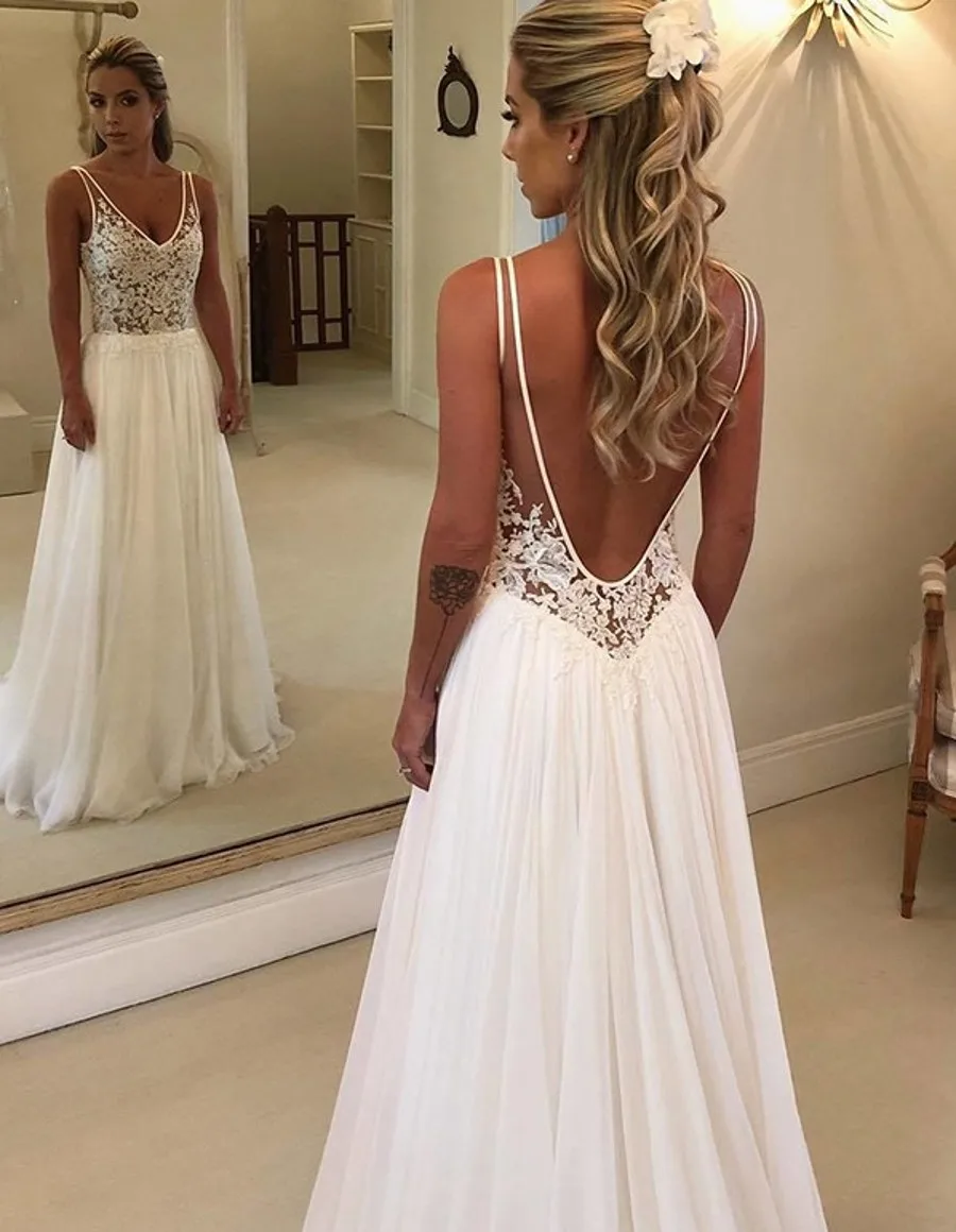 

Brinkina Sexy A Line V Neck Sleeveless White Long Evening Dress Chiffon Backless Vestidos de Festa 2019 Summer Lace See Through
