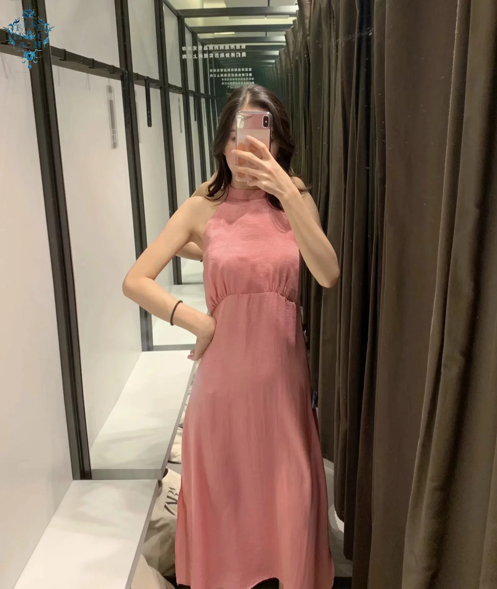 

Ameision women elegent pink ankle length dress backless sleeveless split sexy halter casual female A line dresses vestidos