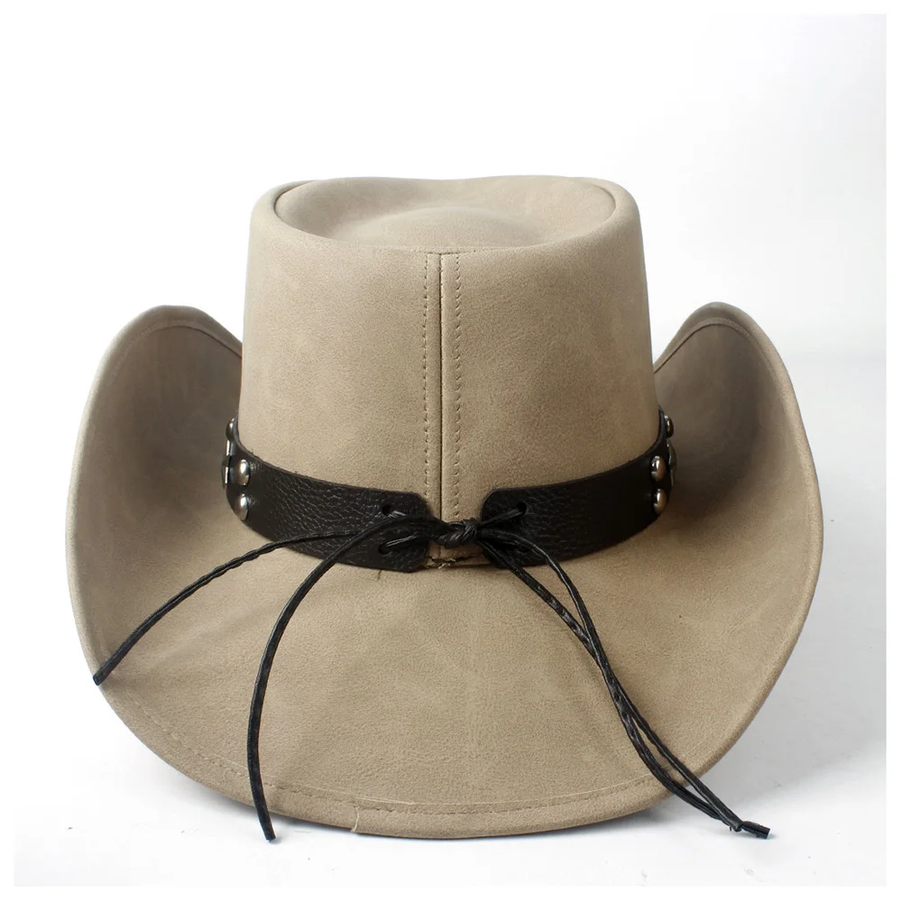 Leather Womem Men Western Cowboy Hat With Wide Brim Punk Belt Cowgirl Jazz Cap With Leather Gentleman Sombrero Cap