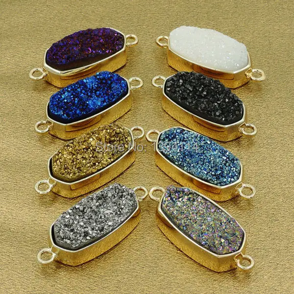 

Titanium Coated Agate Druzy Hexagon Connector With Gluing Copper Setting Of Plating Gold 33*13mm