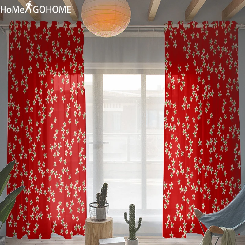 

Red Floral Decoration 3D Tulle Curtains for Bedroom with Print Boho Decor Tulle Sheer Curtains for Living Room Modern Curtains