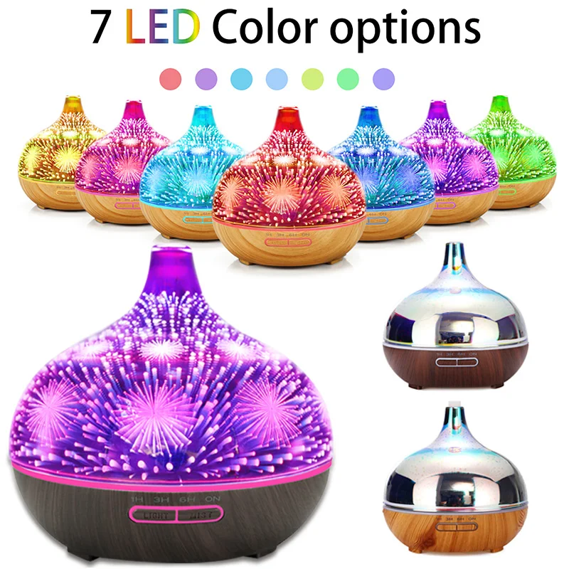 

Essential Oil Ultrasonic USB Electric Air Diffuser Cool Mist Humidifier 3D Glass Fireworks 7 Color Change Night Light Aromathera