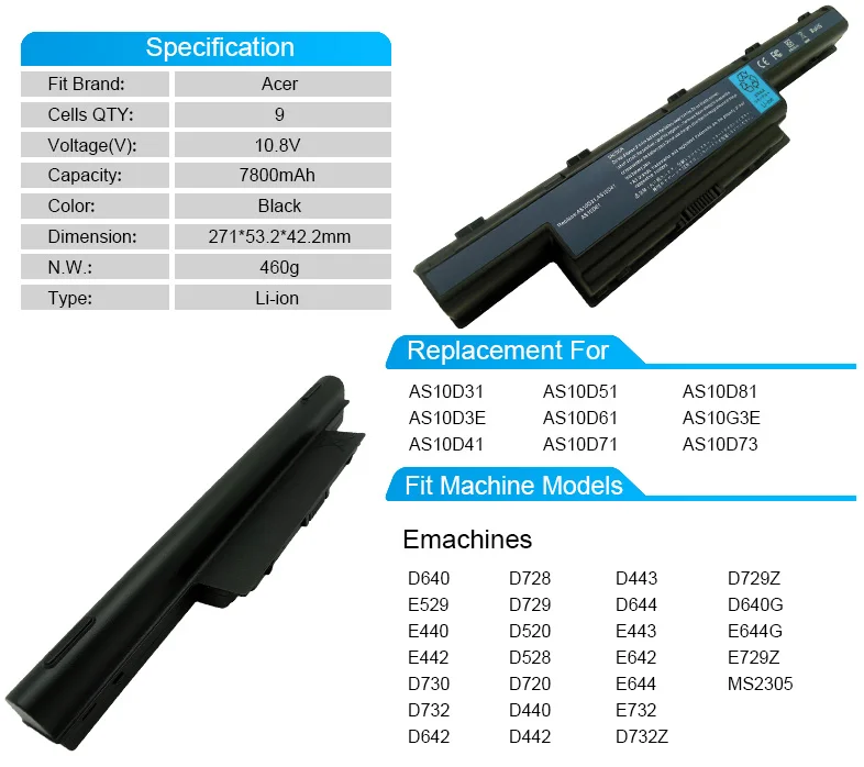 Новинка, для возраста от 9 cell Аккумулятор для ноутбука acer Emachines D729 D520 D528 D720 D440 D732Z D442 D443 E443 E642 E644 AS10D51 AS10D61 AS10D71