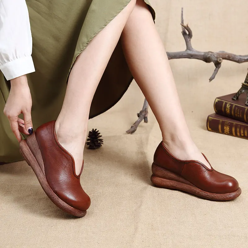 Original design casual women shoes cowhide leather pumps women thick heel wedges platform slip on shoes spring fall