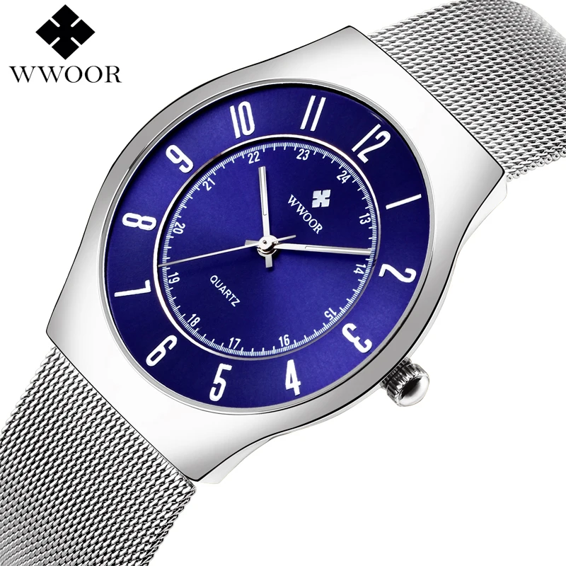 

New Luxury Brand WWOOR Men Ultra Thin Waterproof Business Watches Simple Men's Quartz Wristwatch Male Silver Clock relogio