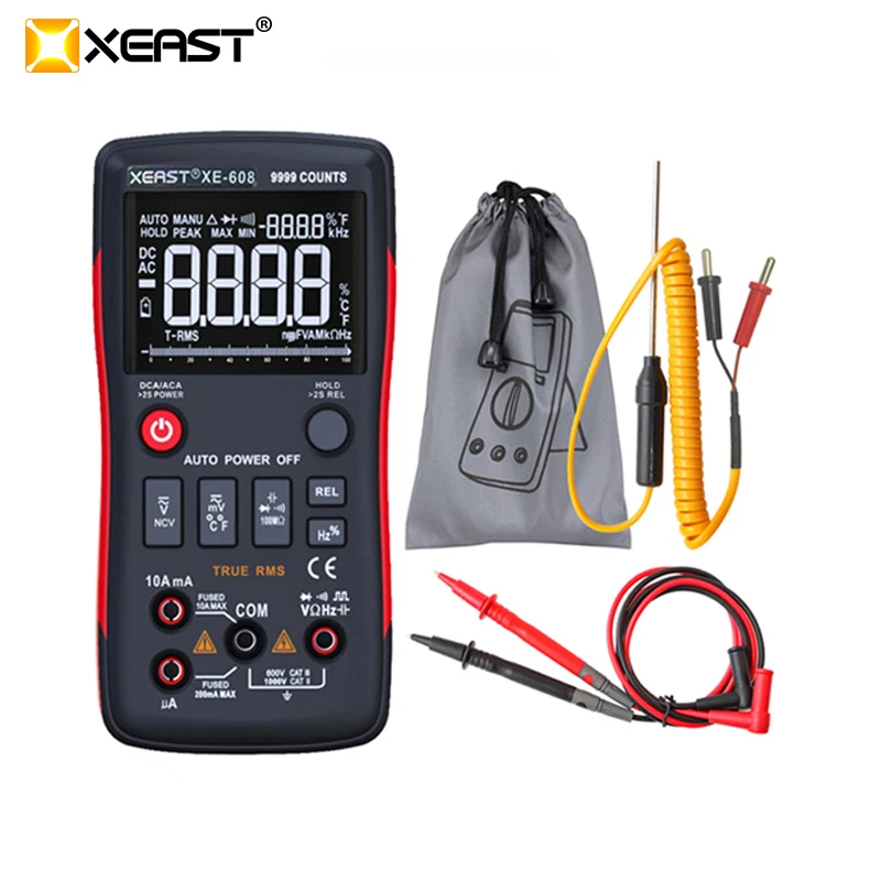 

XEAST XE-608 True-RMS Digital Multimeter Button 9999 Counts With Analog Bar Graph AC/DC Voltage Ammeter Current Ohm Auto/Manual