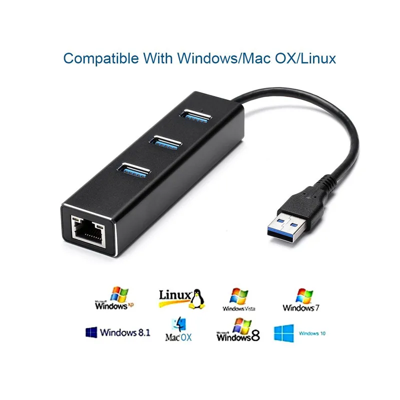 BinFul Aluminium 3 Ports High Speed USB 3 0 Hub with RJ45 10 100 1000Mbps Gigabit 3