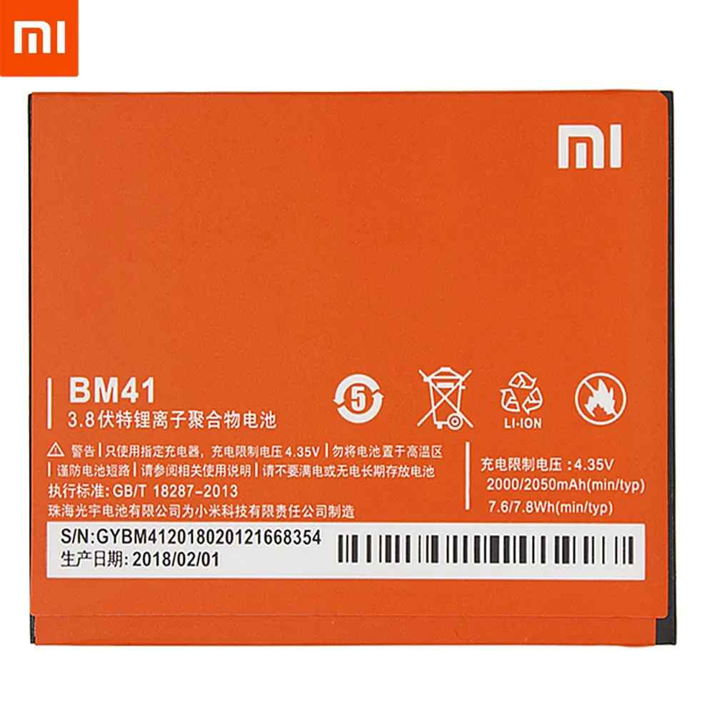 

100% Original Xiaomi BM41 Battery bm41 For Xiaomi Redmi 1S Hongmi Red Rice 1S Replacement Batteries BM 41 High Capacity 2050mAh