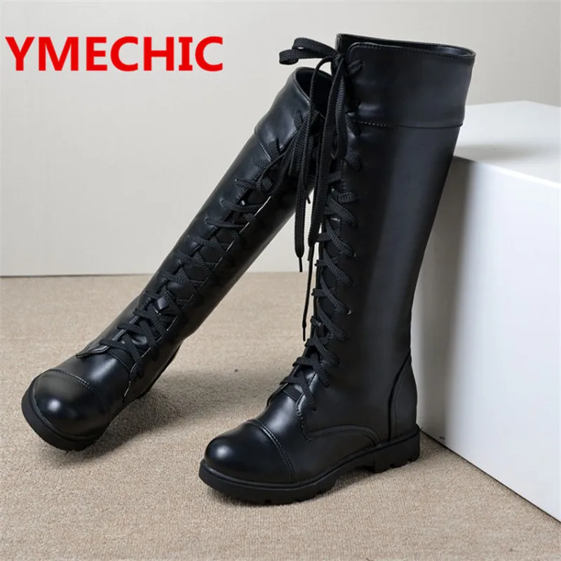 YMECHIC/высокие сапоги до бедра на шнуровке; обувь в гладиаторском стиле; женские ботинки с перекрестной шнуровкой; повседневная обувь на плоской подошве; цвет белый, черный; ботинки в байкерском стиле; большие размеры; 9937