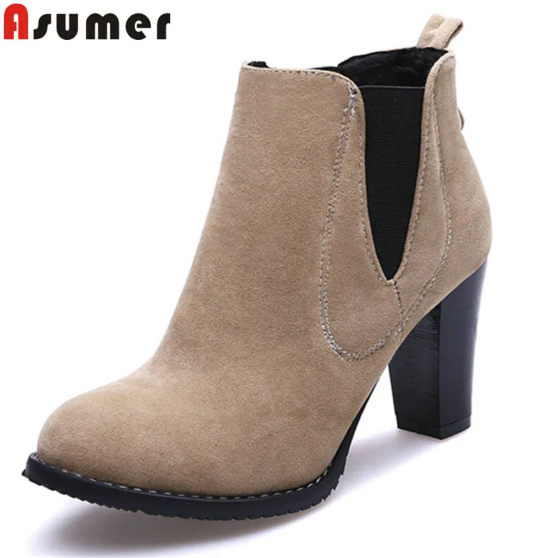 

ASUMER 2018 fashion ankle boots for women round toe auutmn winter boots thick high heels flock ladies boots pluis size 34-47