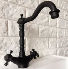 Black Oil Rubbed Brass Dual Cross Handles One Hole Bathroom Kitchen Basin Sink Faucet Mixer Tap Swivel Spout Deck Mounted mnf344 deck mounted waterfall spout square oil rubbed bronze red basin bathroom mixer tap three holes dual handles faucet mixer