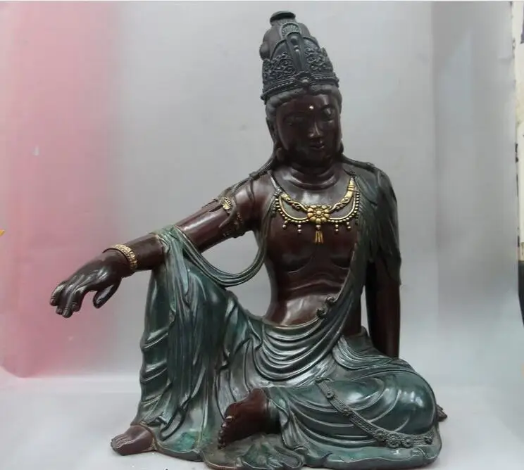 

China Buddhism Old Copper Bronze Comfortable Guanyin fast Kwan-yin Buddha Statue