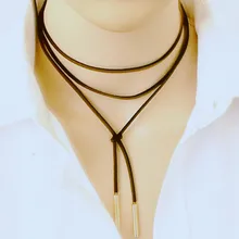 Elegant Fashion women Long Black Leather Rope Gold Tube False choker Collar Necklace 150cm women collier Bijoux X18