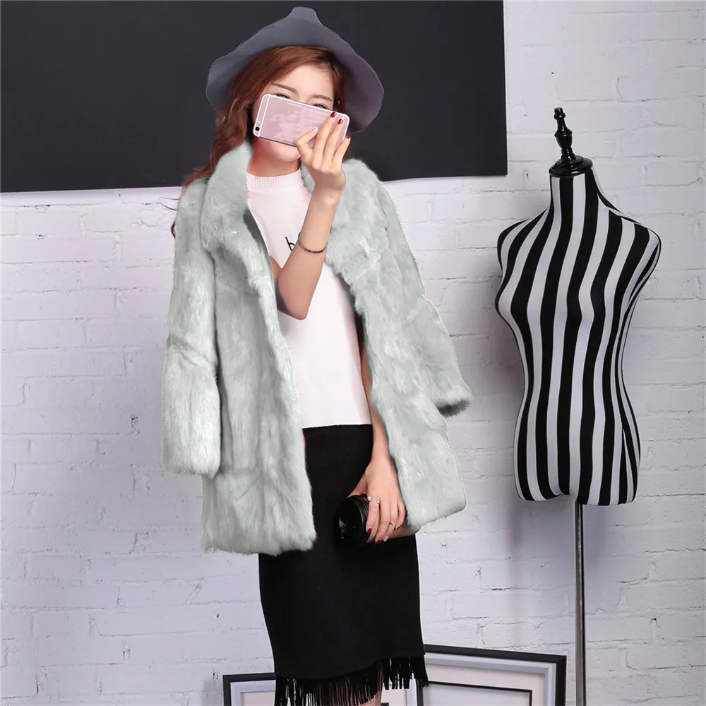 

Ethel Anderson Women's Real Rabbit Fur Coat Korean Style 3/4 Sleeves Fur Jacket Overcoat Outwear Fashion Hot