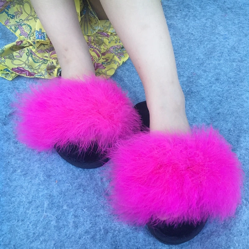 

colorful Fur Flip Flops Women Sweet Platform Wedges warm sole Ostrich Feathers Slippers Summer Platform Thongs Beach Slippers