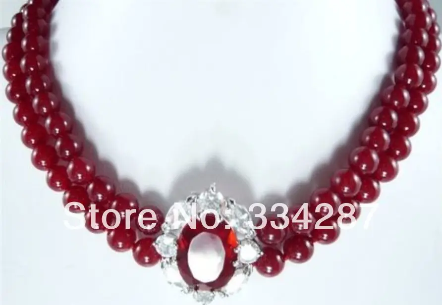 

Pretty!2Rows 8MM Red Jade +Crystal Pendant Necklace