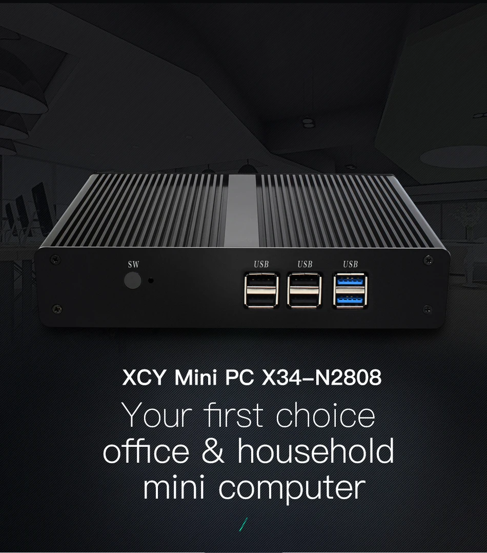 XCY офис мини-ПК Intel Celeron N2808 dual-ядер 2 * HDMI Бизнес мини-компьютер HTPC Barebone безвентиляторный Настольный ПК с Windows 10