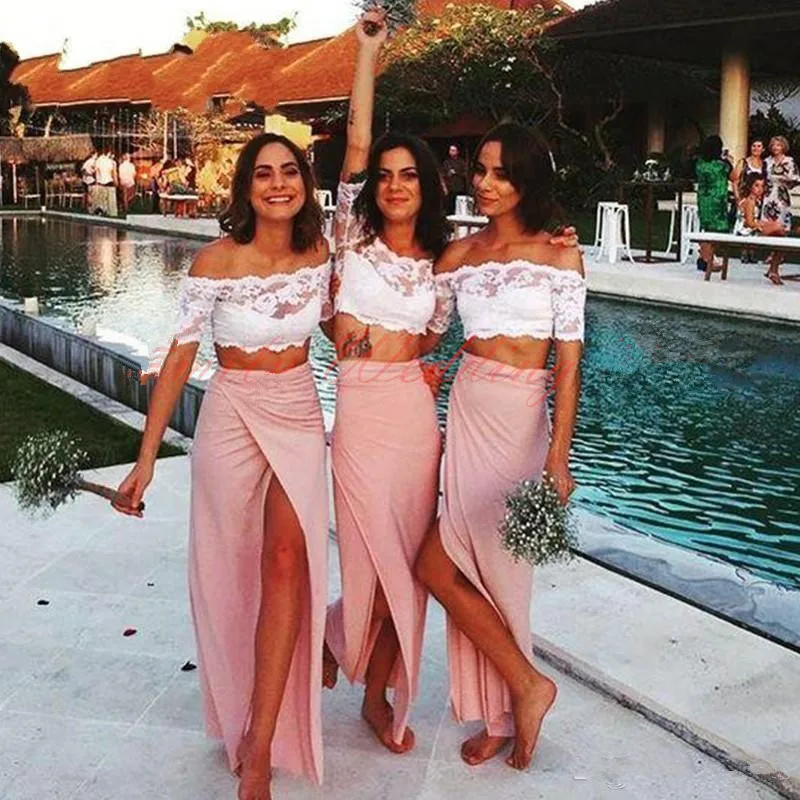 2017-Two-Pieces-Beach-Bridesmaid-Dress-Off-Shoulder-Short-Sleeves-High-Slit-Chiffon-Bridesmaid-Gown-Maid