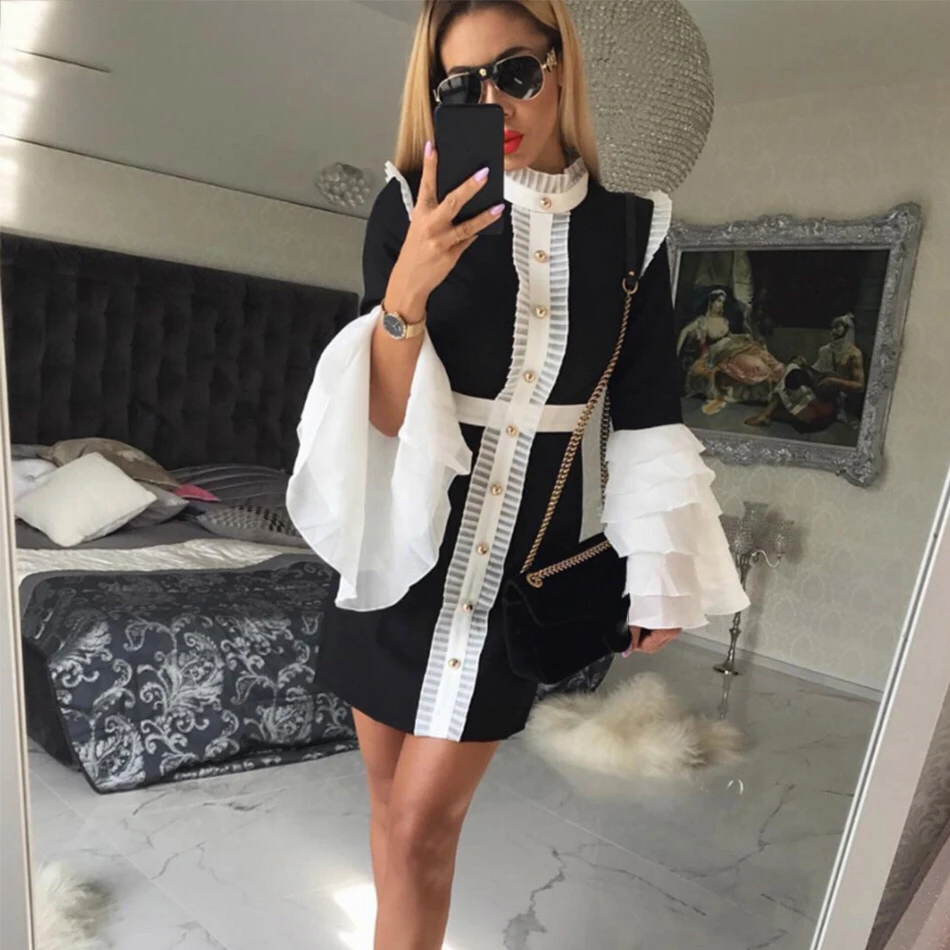 

DressBird Women Dress Autumn Winter Long Sleeve Bodycon Vestidos Elegant Ruffles Mini Black Button Black Club Party Runway Dress