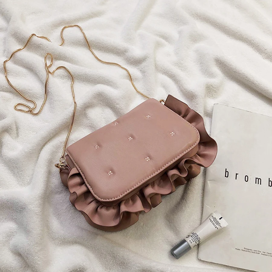 

Exquisite Chain Stitching Women's Messenger Bags Simple Pu Ruched Shoulder Bags Ladies' Solid Color Suture Square Crossbody Bag