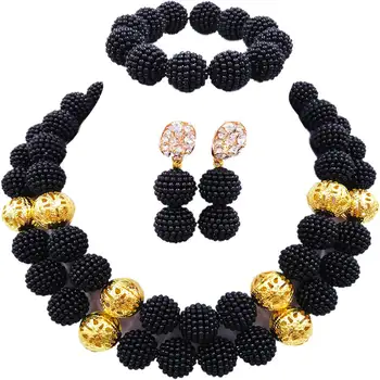 

Fashion Black Simulated Pearl Jewelry Set Nigerian Wedding African Beads Jewelry Sets for Women 2ZQJS03
