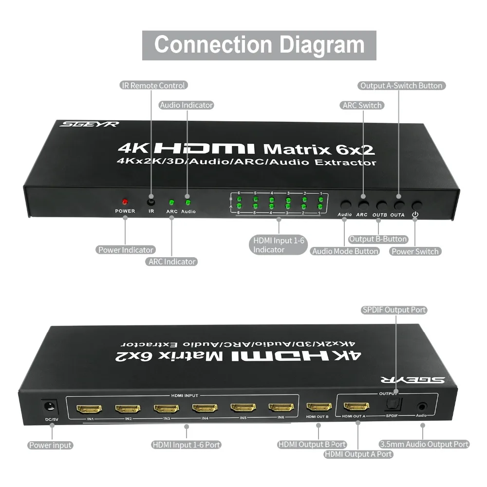 6 портов HDMI матрица 6x2 HDMI коммутатор разветвитель 6 вход 2 выход с ИК-пультом поддержки ARC SPDIF оптический и 3,5 мм аудио выход