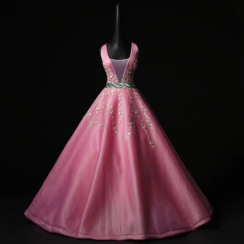 

pink flowers leaf vine embroidery court ball gown medieval dress Renaissance queen Victorian cosplay ball gown Belle Ball