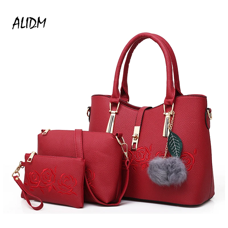 

3Pcs Set Flower Embroidering Composite Bags Female Leather Handbag Women Hand Bag Messenger Big Crossbody Bag For Casual Tote