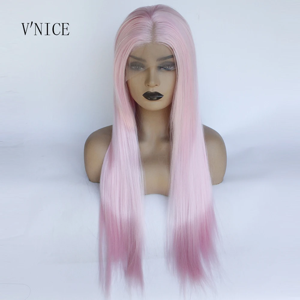 

V'NICE Natural Long Straight Pastel Pink Wig Heat Resistant Fiber Soft Hair Synthetic Lace Front Wigs for Women Party Present