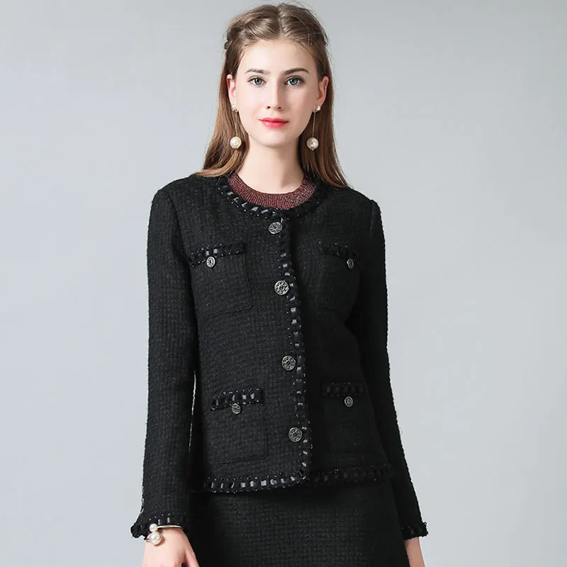 Модная Элегантная Дамская подиумная роскошная черная твидовая куртка с круглым вырезом и длинным рукавом, мульти карманы, манжеты на пуговицах Casacos