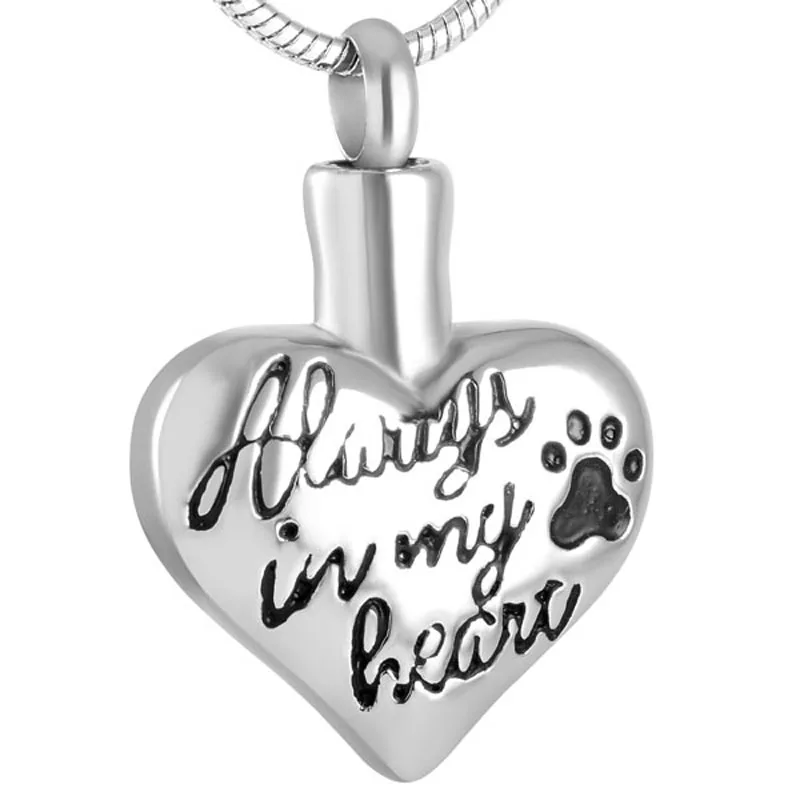 

IJD8346 Never Fade 316L Stainless Steel Pet Memorial Ashes Jewelry Dog/Cat Paw Print Always In My Heart Cremation Urn Pendant