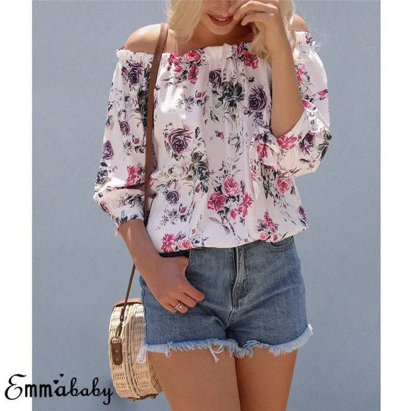 

Fashion Elegant Woman Off-shoulder Shirts New 2018 Ladies Floral Printed Long Sleeve Shirt Casual Summer Lady Loose Blouse Tops