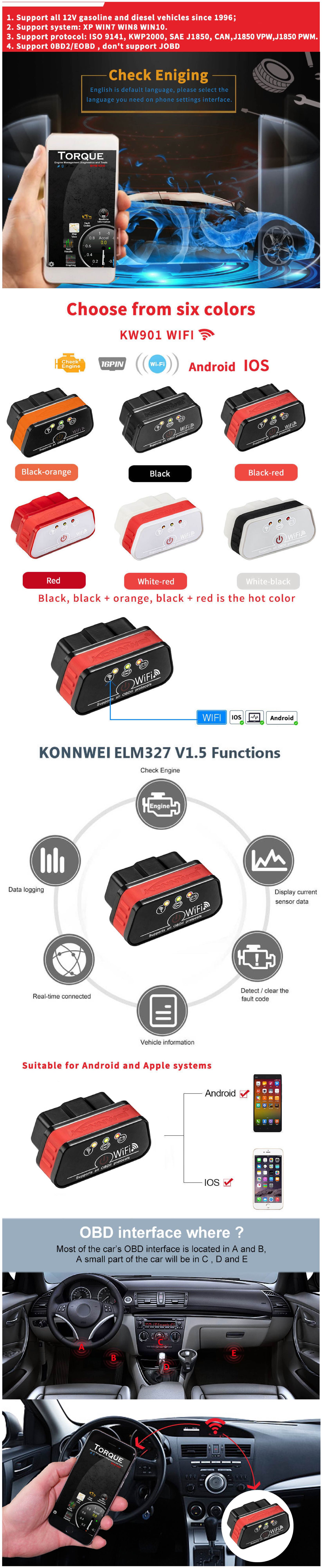 OBD2 Bluetooth Car Diagnostic tool KW901 with wifi