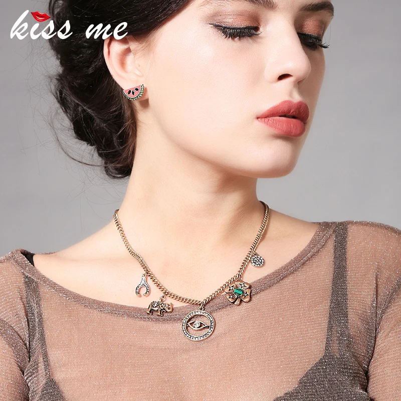 

KISS ME New Crystal Eye Flower Elephant Pendant Necklace Antique Gold Alloy Vintage Necklaces for Women Fashion Jewelry
