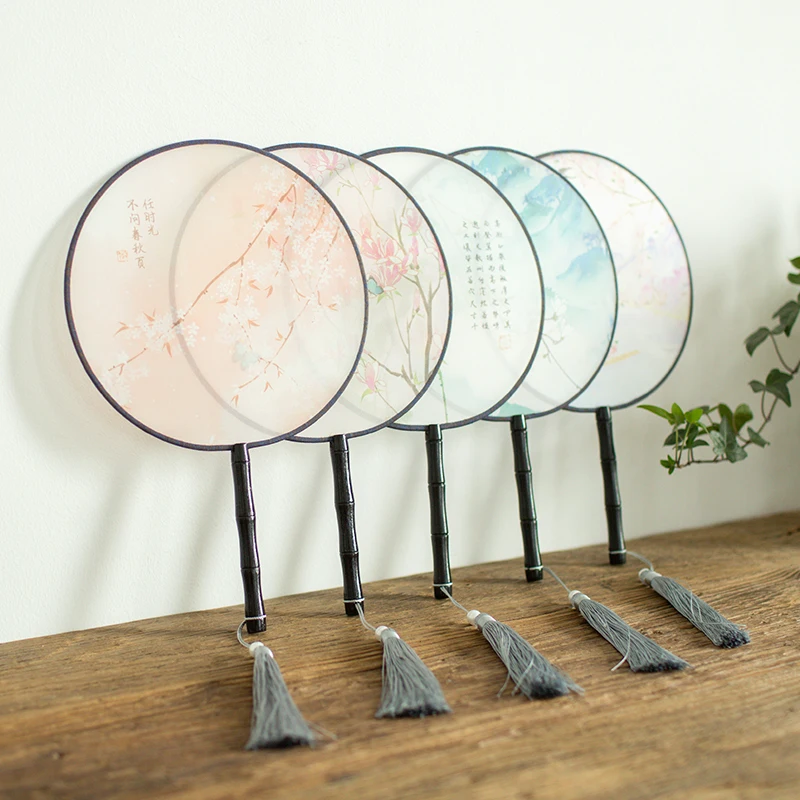 

wood handle chinese flower floral printed round fans cosplay costume royal design wedding event party supply flower print fans