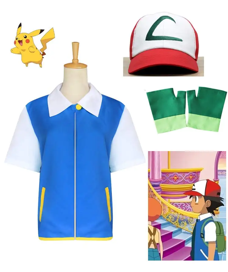Offerte Pokemon Ash Ketchum Cosplay Bambini Costume Blu Jacket + Guanti + Cappello Ash Ketchum Costumi Pokemon Adulto Costume