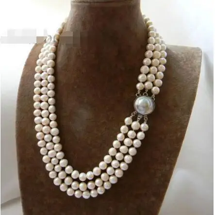 

Hot selling free shipping*******3Strands 21'' 9mm White Round Freshwater Pearl Mabe clasp Necklace