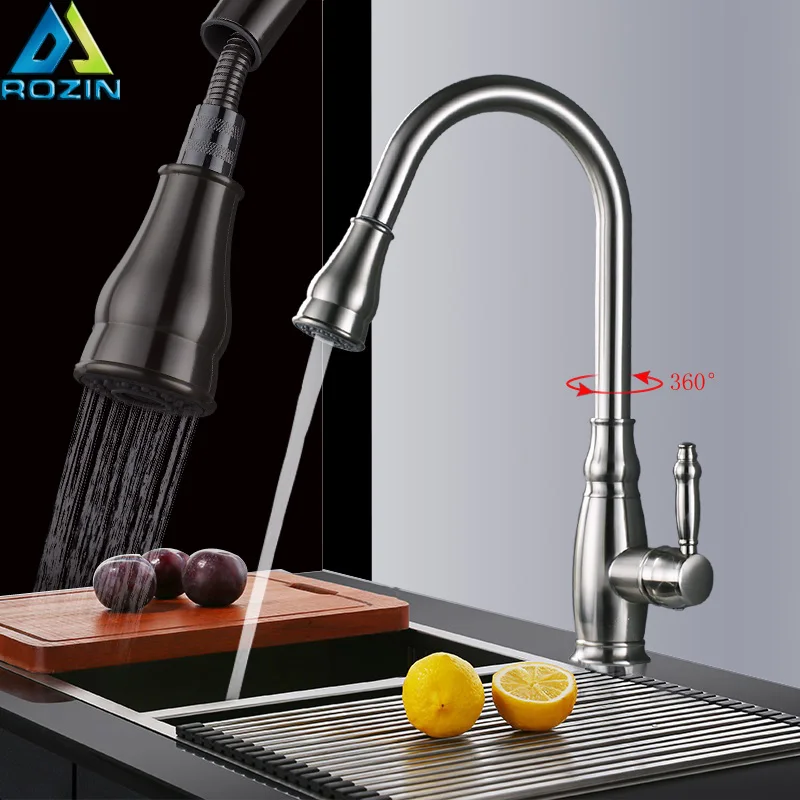 

Chrome Pull Out Kitchen Sink Faucet Deck Mounted Bathroom Kitchen Sink Dual Sprayer Spout Hot cold Water for Kitchen