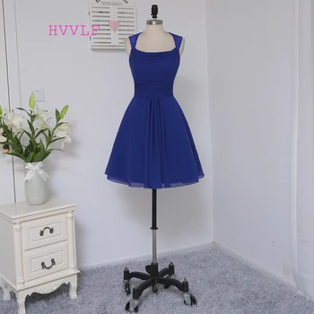 

HVVLF 2019 Cheap Bridesmaid Dresses Under 50 A-line Scoop Short Mini Royal Blue Chiffon Lace Wedding Party Dresses