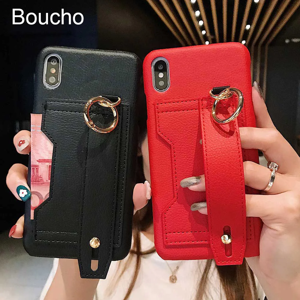 Кожаный чехол Boucho для iphone 11 Pro XS MAX XR X 6 6s 7 8 Plus, модный ремешок на запястье, чехол для телефона с карманом для карт