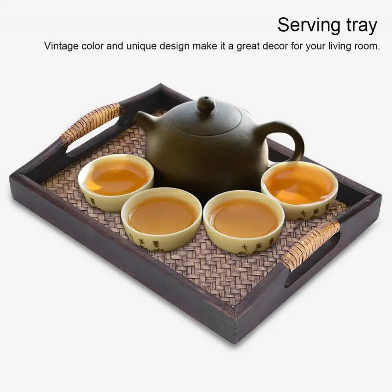 

Thai Style Wooden Serving Trays with Handle Creative Rectangle Handmade Rattan Bamboo Tea/Oil Trays Dessert/Coffee/Fruits Plate