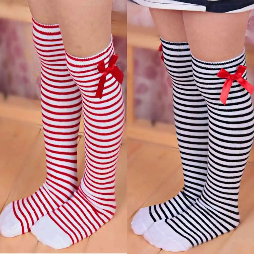 Детская мода для девочек с бантом в полоску зимние носки под сапоги до колена теплые носки